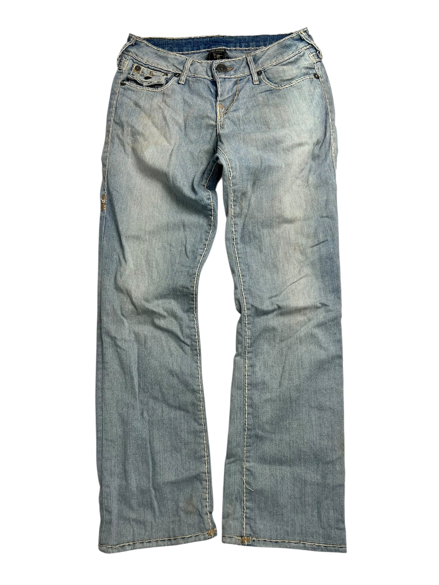 True Religion Billy Super T Low Rise Straight Jeans in hellblauem Denim, Größe W26 x L28, lockerer Schnitt mit fünf Taschen und Gürtelschlaufen. ZAZA-Reseller. Taillen- und Außennahtmaße finden Sie in der Größentabelle.