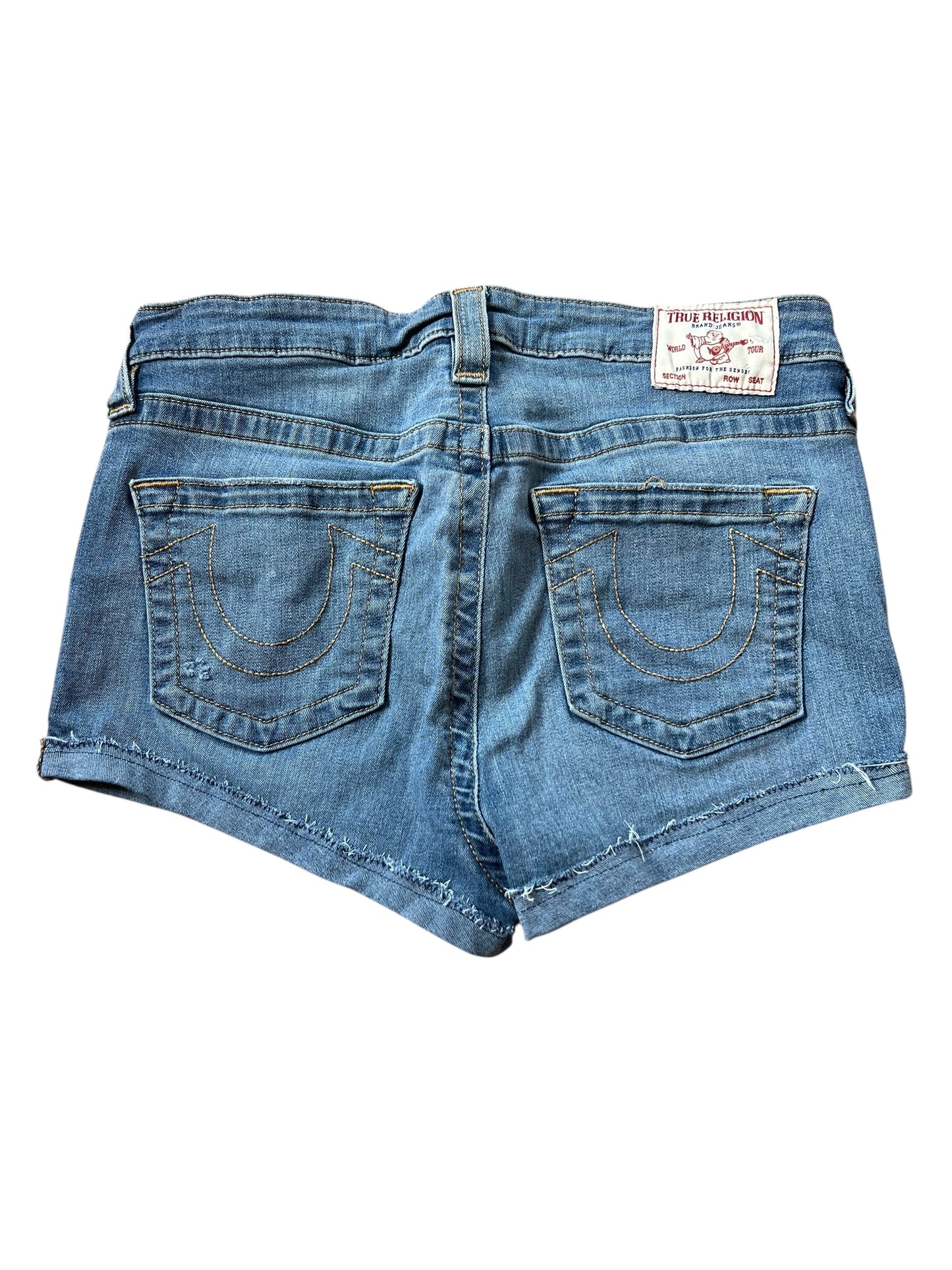 Die True Religion High Waist Shorts von ZAZA resell in Größe 30 (M) verfügen über blauen Denim, zwei Gesäßtaschen mit aufgestickten Motiven, ein weißes True Religion-Bundlabel und Bundweite-Details für einen perfekten Sitz.