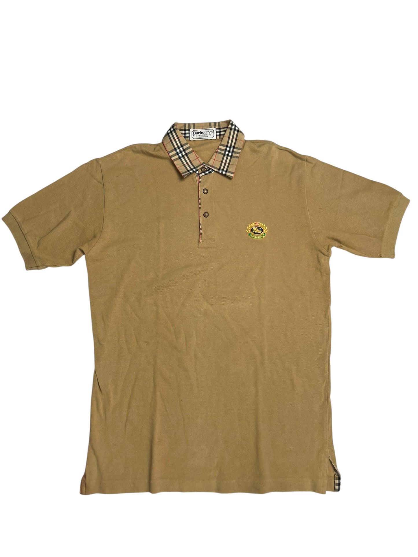 Hellbraunes Burberry Kurzarm-Polo in Größe L von ZAZA resell mit kariertem Kragen, Knopfleiste und gesticktem Logo auf der linken Brust. Zustand: 9/10.