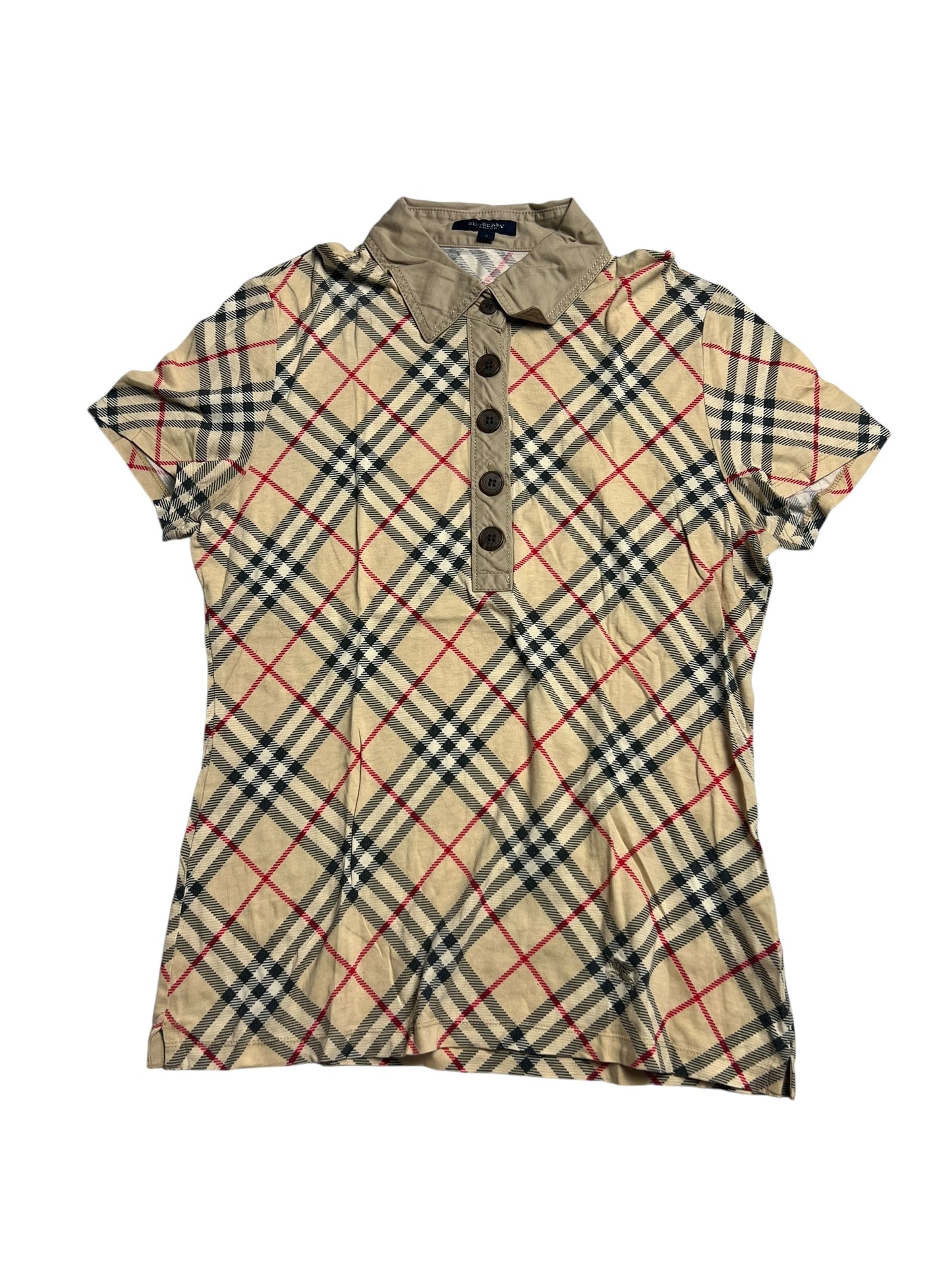 Burberry Polo Shirt | S by ZAZA resell: kurzärmelig, mit Kragen, beige mit schwarz-weiß-rotem Karomuster, vorne zum Knöpfen. Etikettengröße S, Zustand 9; bewerteter Zustand 5/10.