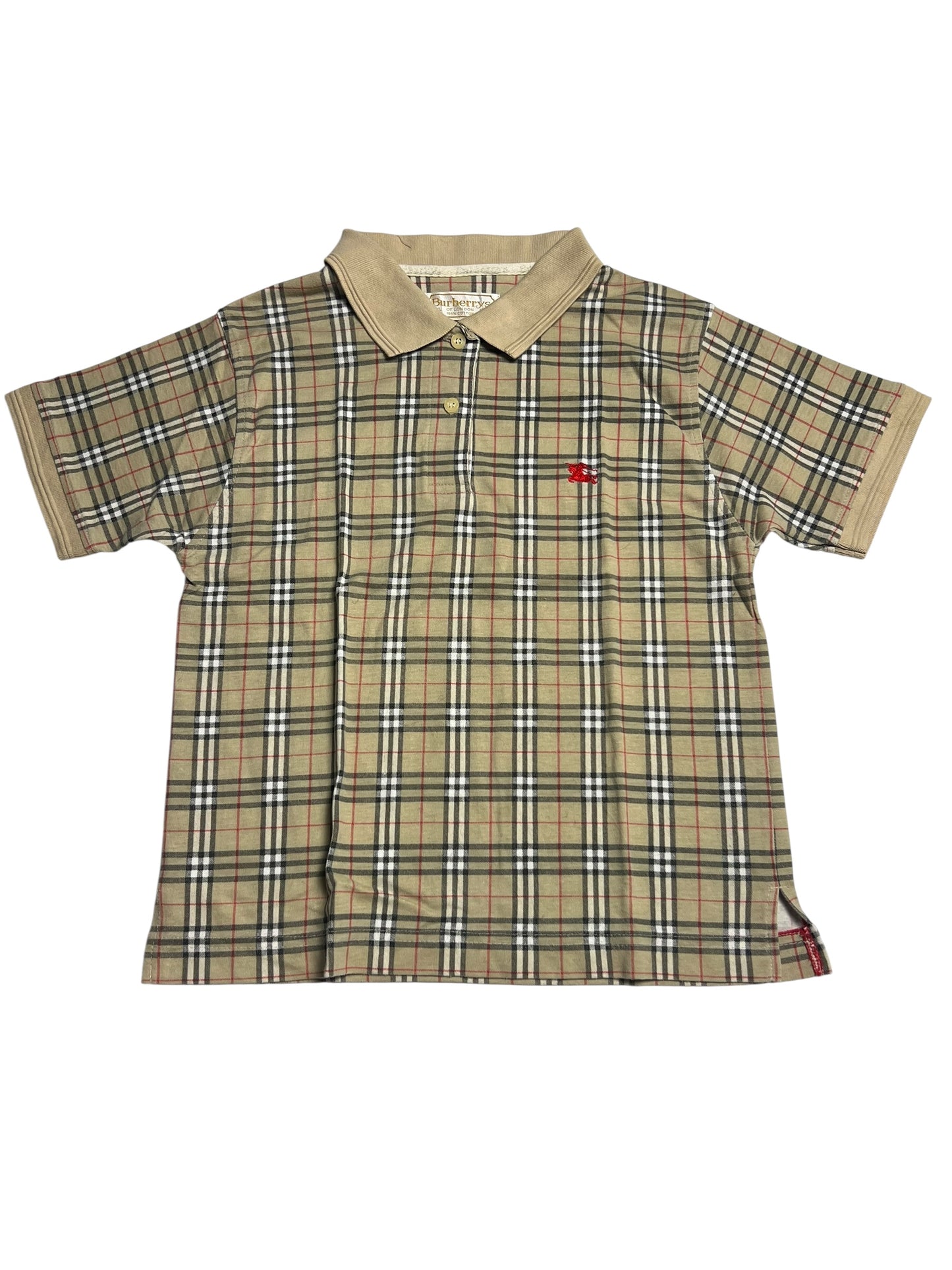 Ein kurzärmeliges Burberry Polohemd mit Kragen von ZAZA resell in beige, schwarz, weiß und rot kariert mit einem kleinen roten gestickten Logo auf der linken Brust. Zustand 9, Labelgröße XS.