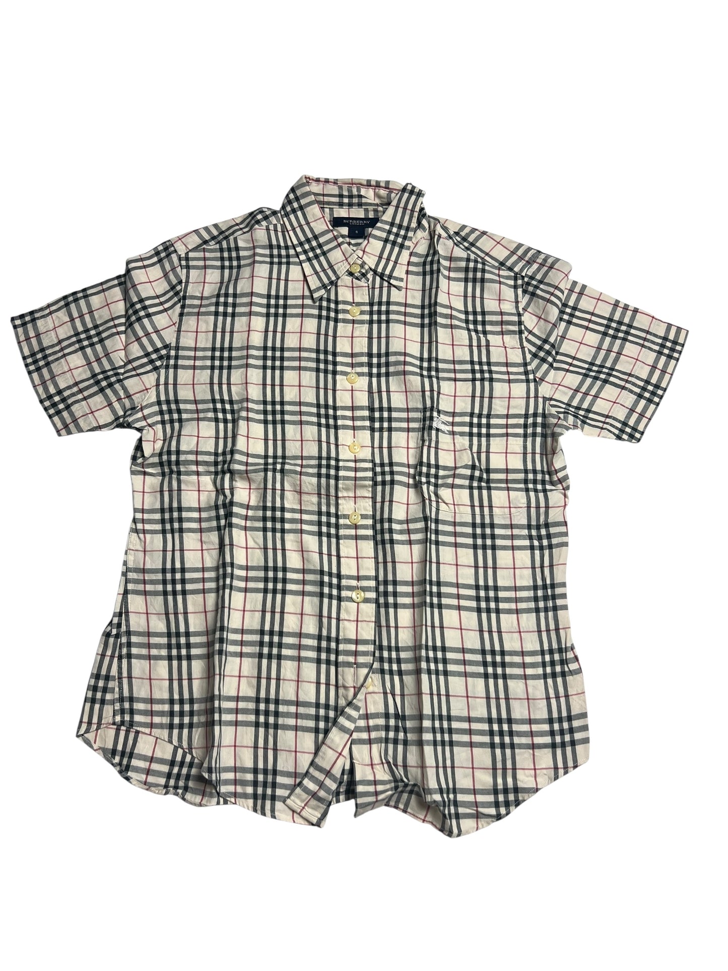 Burberry Hemd | S von ZAZA resell: Kurzarm, beige mit schwarz-weiß-rotem Karomuster, Kragen, gelbliche Knöpfe, Zustand 9. Maße in cm auf Anfrage.