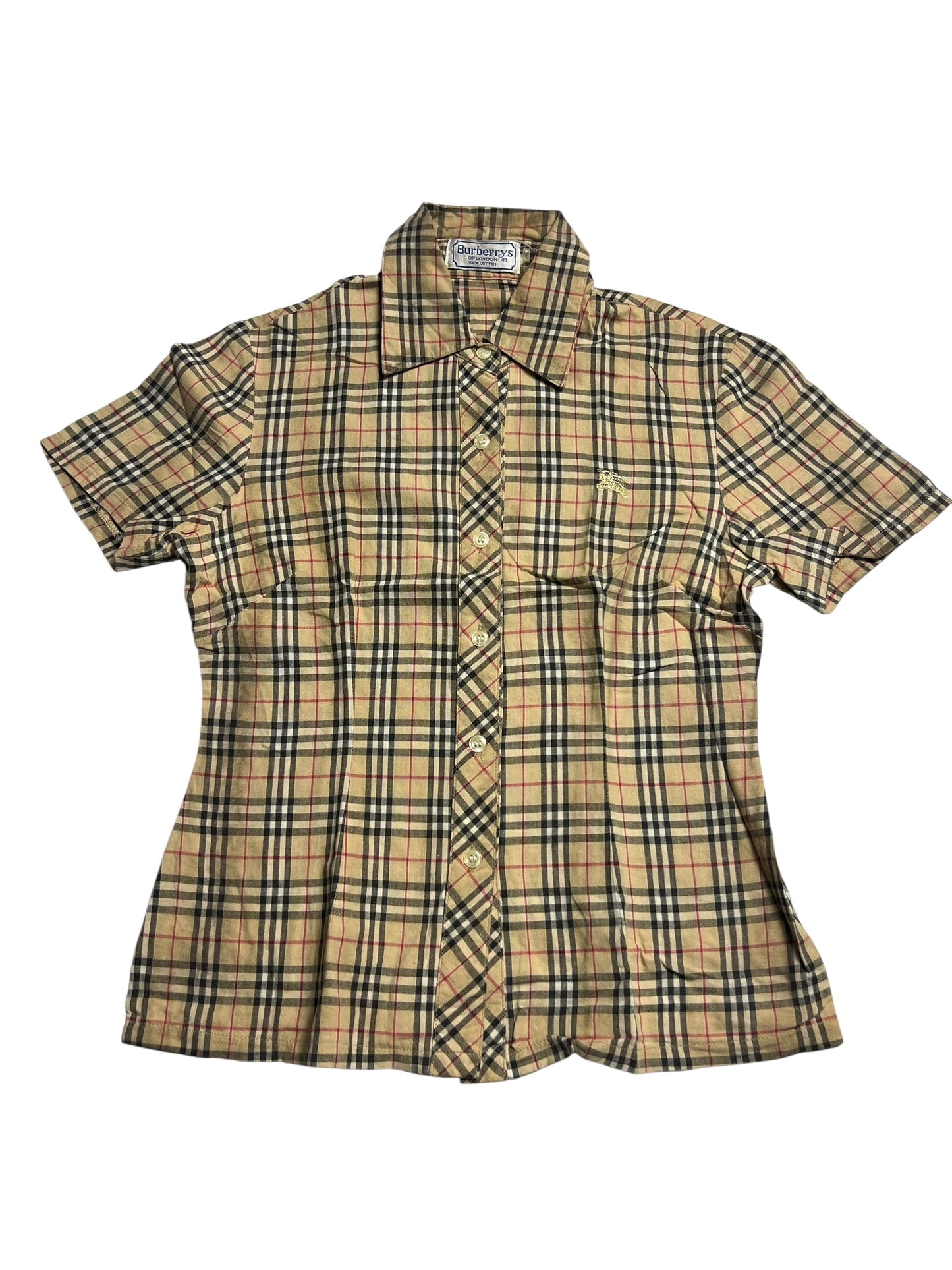 Burberry Hemd | S von ZAZA resell: Kurzarm, Knopfleiste, beige-schwarz-rot-weiß kariert, Brusttasche, Kragen. Zustand 9/10. Maße in cm verfügbar; Shirt liegt flach auf weißem Hintergrund.