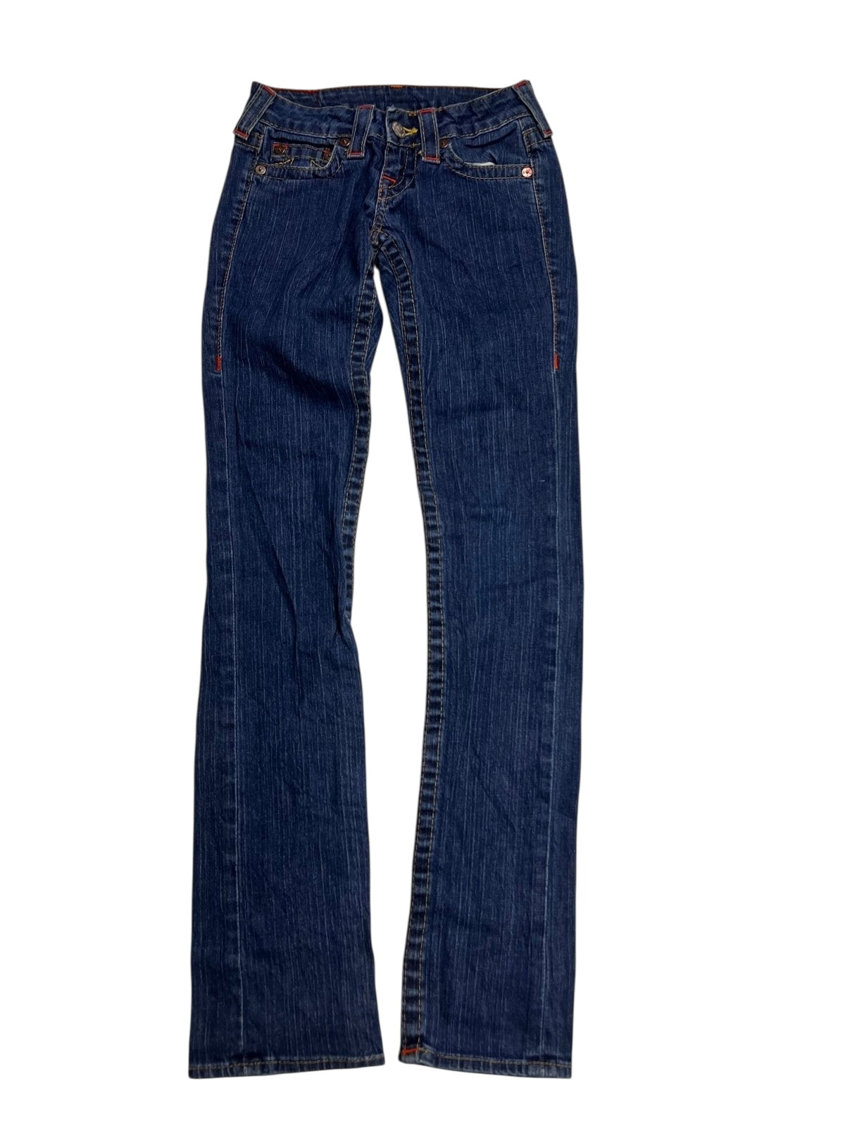 True Religion Johnny – Low Rise Straight Jeans (W24 x L30) von ZAZA Resell in dunkelblauem Denim mit Kontrastnähten, Gürtelschlaufen, Vorder- und Gesäßtaschen, geradem Beinschnitt. Maße auf Anfrage erhältlich.