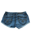 Rock Revival Shorts | 31 (M) von ZAZA resell in Blau mit dekorativen Nähten auf der Gesäßtasche, einem dunklen Muster und dem Rock Revival-Label über der rechten Tasche auf weißem Hintergrund.