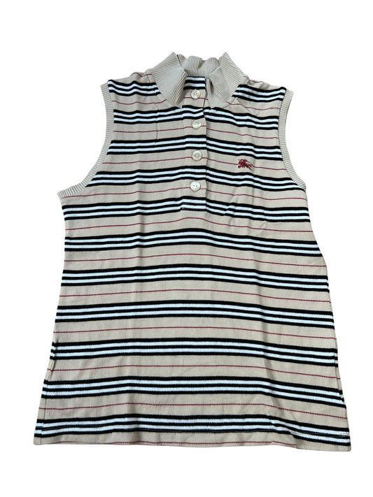 Burberry Top | S von ZAZA wiederverkaufen: Ärmelloses Kragenhemd mit horizontalen schwarzen, roten und weißen Streifen, Knöpfen auf der Vorderseite und kleinem roten Brustlogo. Maße in Zentimetern für perfekte Passform.