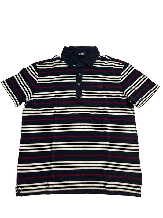 Burberry Polo Shirt | M von ZAZA resell: Marineblau mit weißen und roten Streifen, marineblauer Kragen, kleines rotes Brustlogo. Zustand 9 (ausgezeichnet); Labelgröße 3 - bequeme Passform.