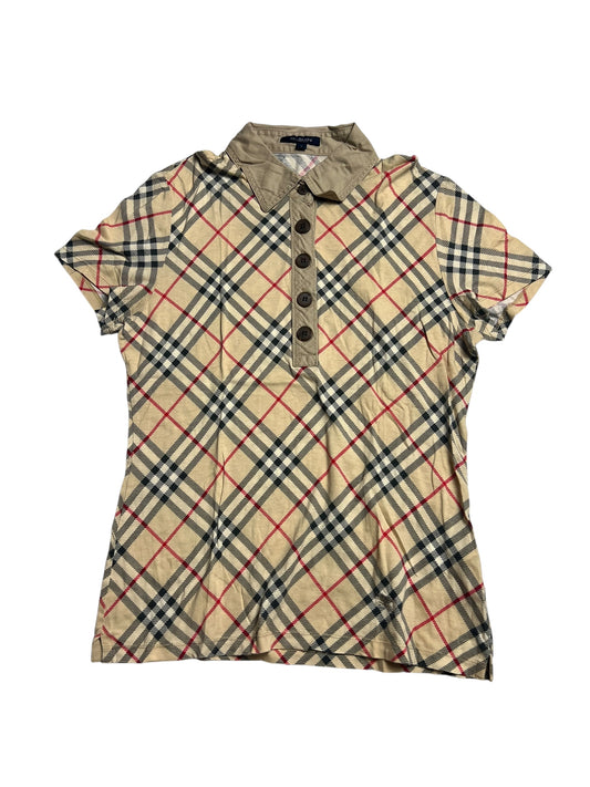 Burberry Polo Shirt | S by ZAZA resell: kurzärmelig, mit Kragen, beige mit schwarz-weiß-rotem Karomuster, vorne zum Knöpfen. Etikettengröße S, Zustand 9; bewerteter Zustand 5/10.