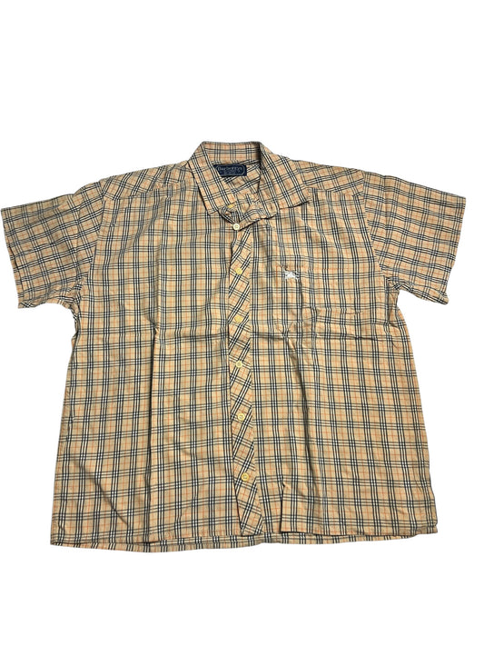 Ein Burberry Hemd | L von ZAZA resell, kurzärmelig und geknöpft in beige, blau und orange kariert mit Kragen und linker Vordertasche, Zustand 9/10. Maße in Zentimetern auf Anfrage erhältlich.