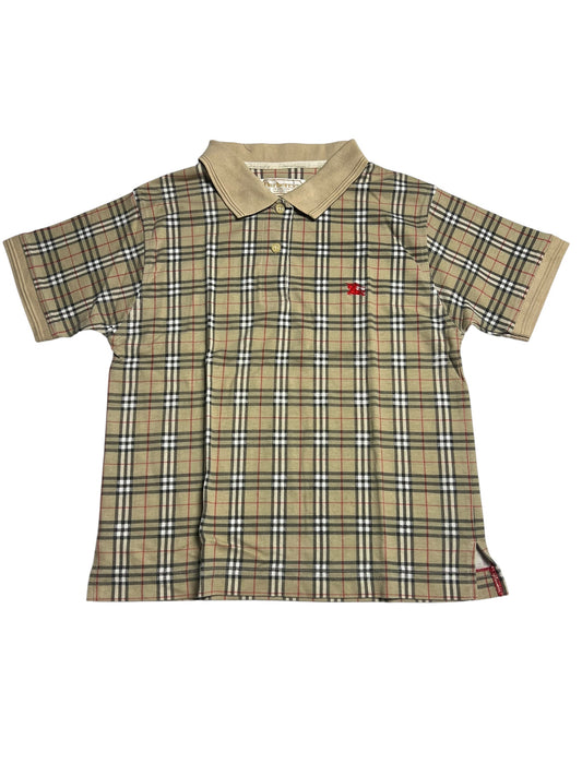 Ein kurzärmeliges Burberry Polohemd mit Kragen von ZAZA resell in beige, schwarz, weiß und rot kariert mit einem kleinen roten gestickten Logo auf der linken Brust. Zustand 9, Labelgröße XS.