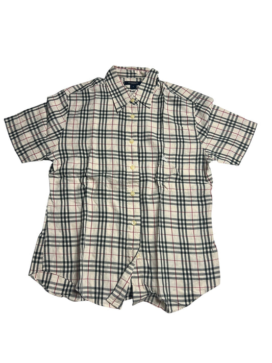 Burberry Hemd | S von ZAZA resell: Kurzarm, beige mit schwarz-weiß-rotem Karomuster, Kragen, gelbliche Knöpfe, Zustand 9. Maße in cm auf Anfrage.