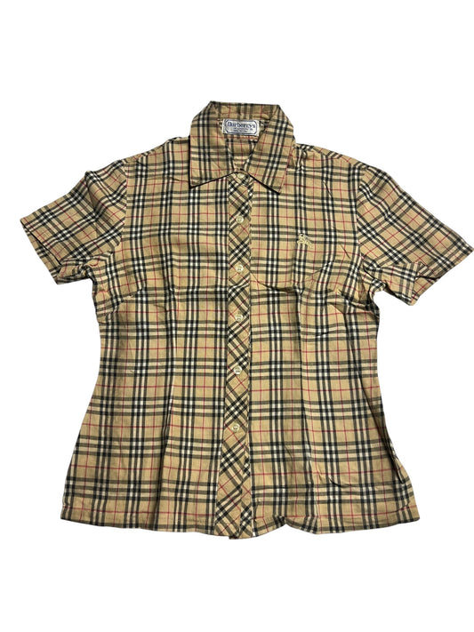 Burberry Hemd | S von ZAZA resell: Kurzarm, Knopfleiste, beige-schwarz-rot-weiß kariert, Brusttasche, Kragen. Zustand 9/10. Maße in cm verfügbar; Shirt liegt flach auf weißem Hintergrund.