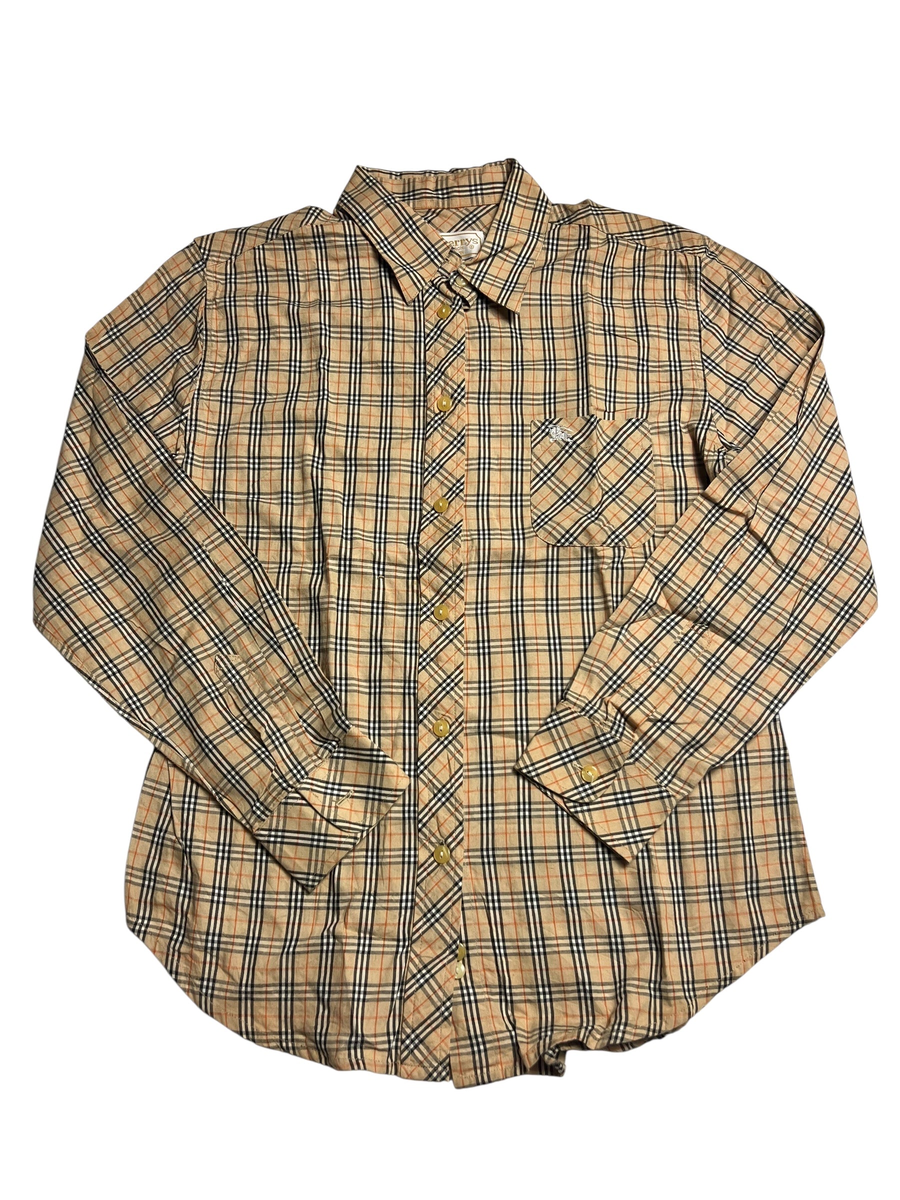 Burberry Hemd | M von ZAZA resell: Langarm, Knopfleiste, beige-schwarz-blau kariert, eine Brusttasche und Kragen. Zustand 9/10. Flach auf weißem Hintergrund fotografiert. Maße in cm auf Anfrage erhältlich.