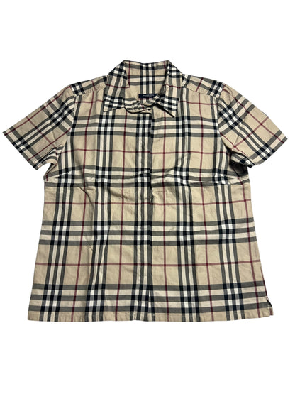 Burberry Hemd | S von ZAZA resell: Kurzarmhemd mit Kragen, beigefarben und kariert in Schwarz, Weiß und Rot. Labelgröße und Maße (cm) verfügbar; das Hemd liegt flach auf weißem Hintergrund.