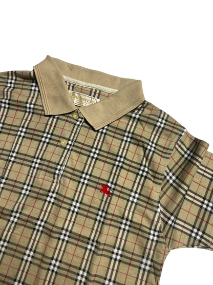 Beige kariertes Burberry Polohemd (XS) von ZAZA resell mit hellbraunem Kragen, Knöpfen, kleinem roten gestickten Emblem auf der linken Brust. Das Plaid ist schwarz, weiß und rot gestreift. Maße auf Anfrage, Zustand 9.