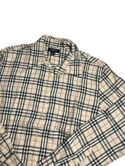 Burberry Hemd | S von ZAZA resell: Langarm, beige mit schwarz-weiß-rotem Karomuster, Labelgröße S, Zustand 9/10. Flach auf weißem Hintergrund fotografiert. Maße in cm auf Anfrage.